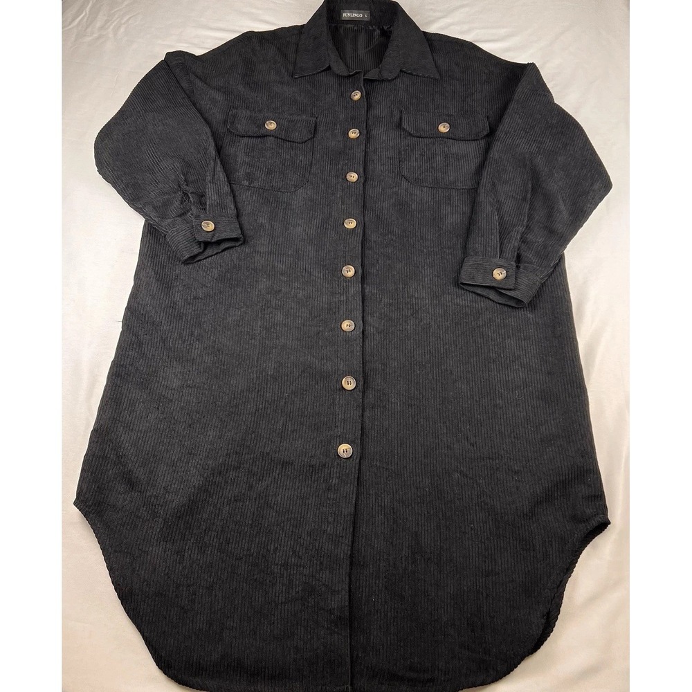 Corduroy Overshirt Shacket Button Long Cozy Casual Layering Black Women's Large